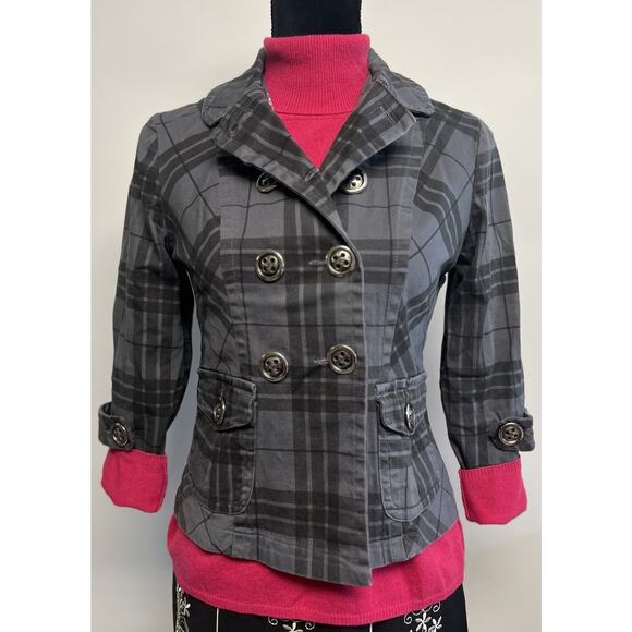 Vintage Y2K Fang Jacket Plaid Military Peacoat Womens Small Grunge Indie Gothic - Picture 1 of 14